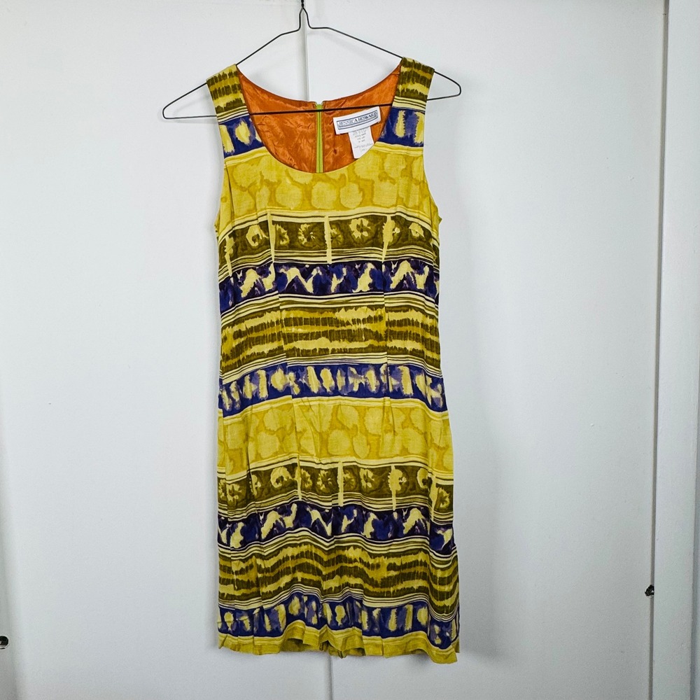 Jessica Howard Vintage Yellow Purple Batik Stripe Rayon Shift Dress Womens 6 SS